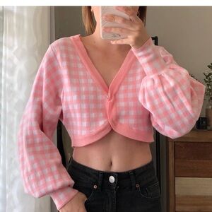 pink gingham cropped cardigan